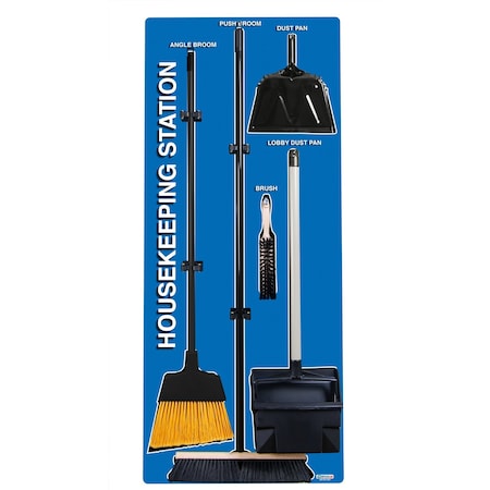 5S Supplies 5S Housekeeping Shadow Board Broom Station Version 1 - Blue Board / Black Shadows  With Broom HSB-V1-BLUE-KIT